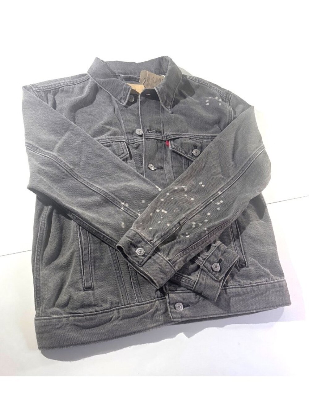 Levis Mens Gray Denim Trucker Jacket With Distressed Paint Splatter Design Size